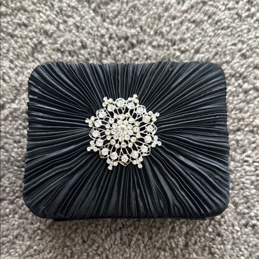 Elegant Black Clutch with Crystal Brooch